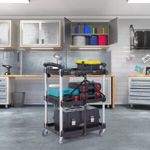 VEVOR Foldable Utility Service Cart, 3 Shelf 165LBS Heavy Duty Plastic Rolling Cart With Lockable Wheels, Ergonomic Handle, Portable Garage Tool Cart
