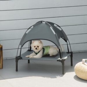 PawHut Elevated Portable Dog Cot Pet Bed With UV Protection Canopy Shade, 24 Inch, Gray